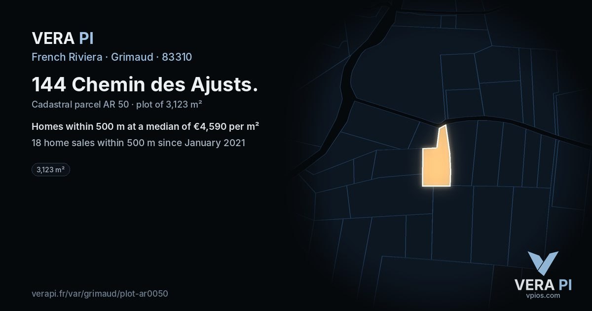 144 Chemin des Ajusts, Grimaud at night – the plot lit, the parcels around coloured by the prices near them