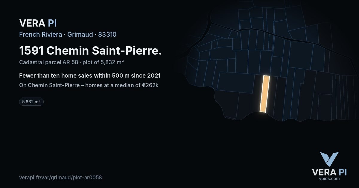 1591 Chemin Saint-Pierre, Grimaud at night – the plot lit, the parcels around coloured by the prices near them