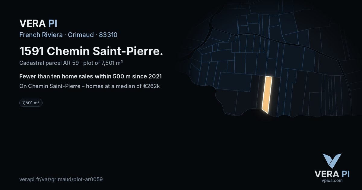 1591 Chemin Saint-Pierre, Grimaud at night – the plot lit, the parcels around coloured by the prices near them