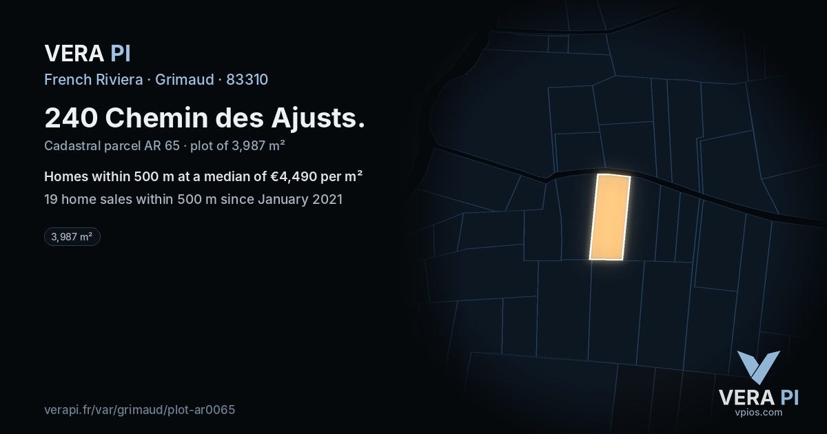 240 Chemin des Ajusts, Grimaud at night – the plot lit, the parcels around coloured by the prices near them