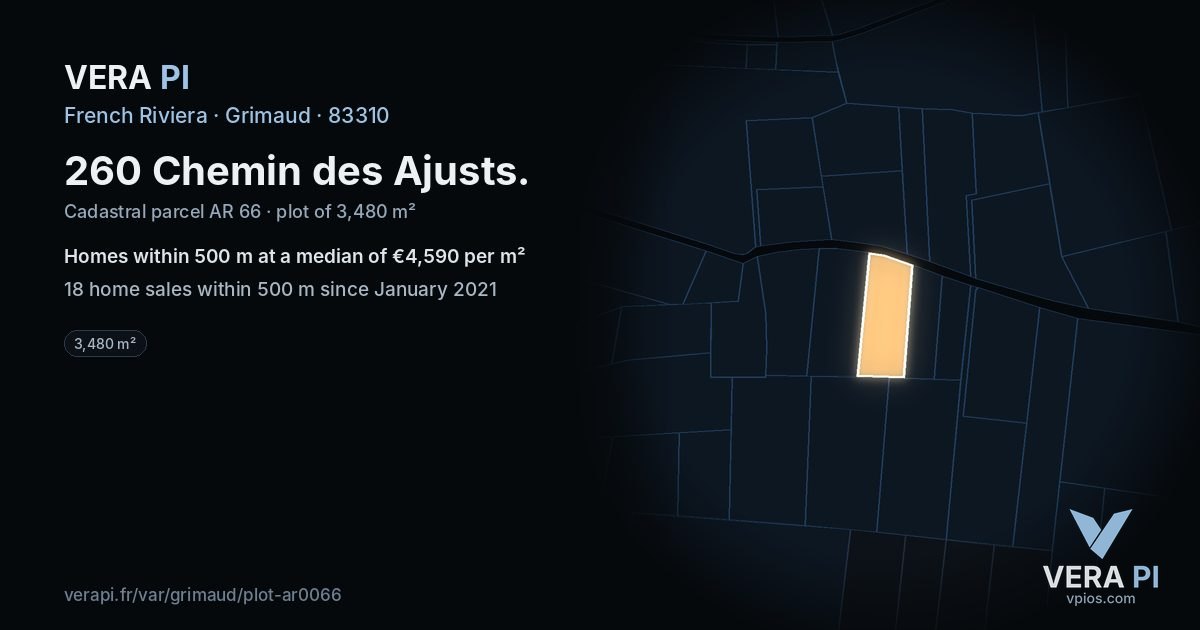 260 Chemin des Ajusts, Grimaud at night – the plot lit, the parcels around coloured by the prices near them