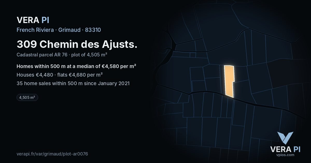 309 Chemin des Ajusts, Grimaud at night – the plot lit, the parcels around coloured by the prices near them