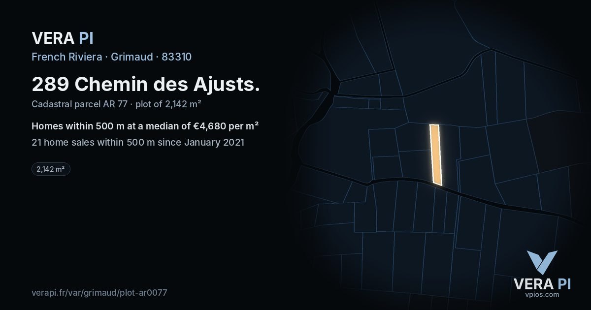 289 Chemin des Ajusts, Grimaud at night – the plot lit, the parcels around coloured by the prices near them
