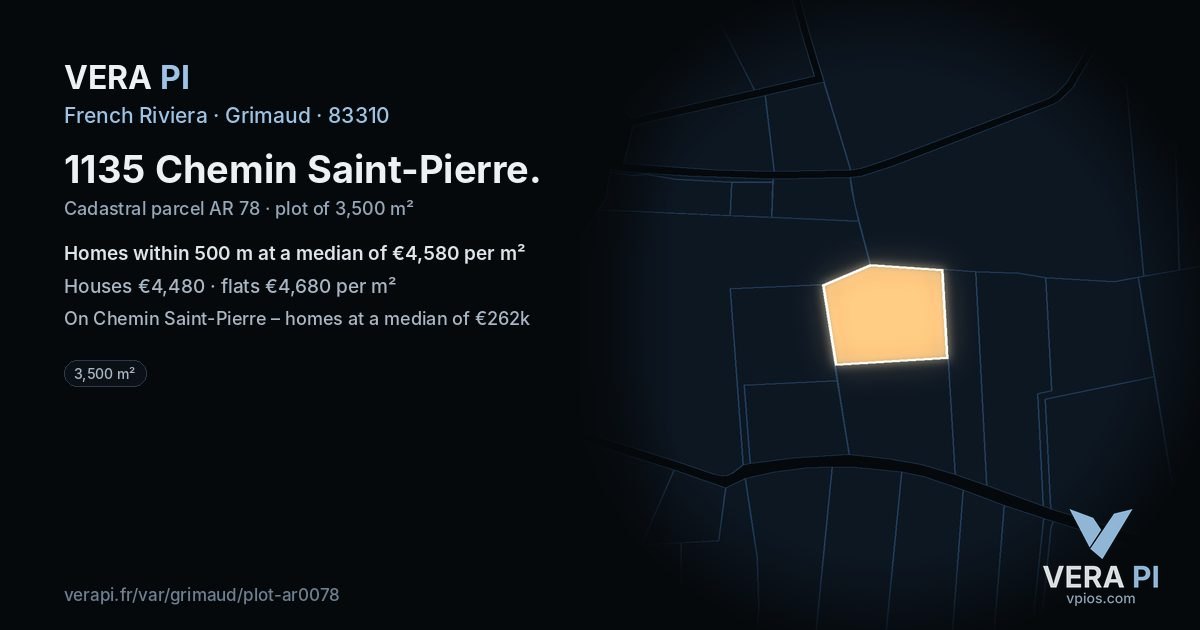 1135 Chemin Saint-Pierre, Grimaud at night – the plot lit, the parcels around coloured by the prices near them
