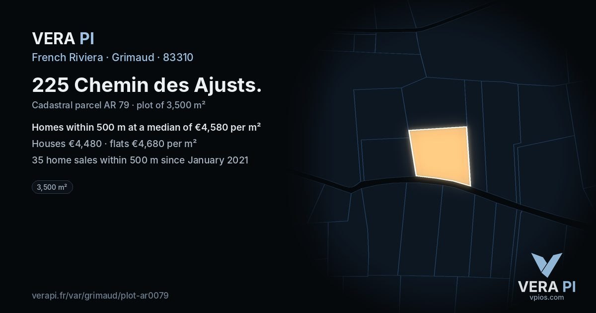 225 Chemin des Ajusts, Grimaud at night – the plot lit, the parcels around coloured by the prices near them