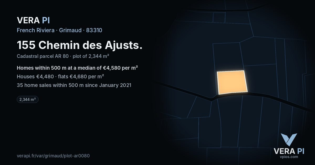 155 Chemin des Ajusts, Grimaud at night – the plot lit, the parcels around coloured by the prices near them