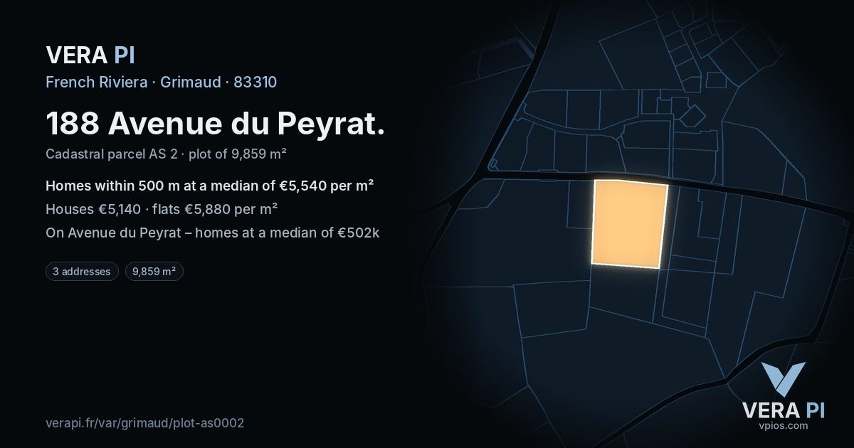 188 Avenue du Peyrat, Grimaud at night – the plot lit, the parcels around coloured by the prices near them