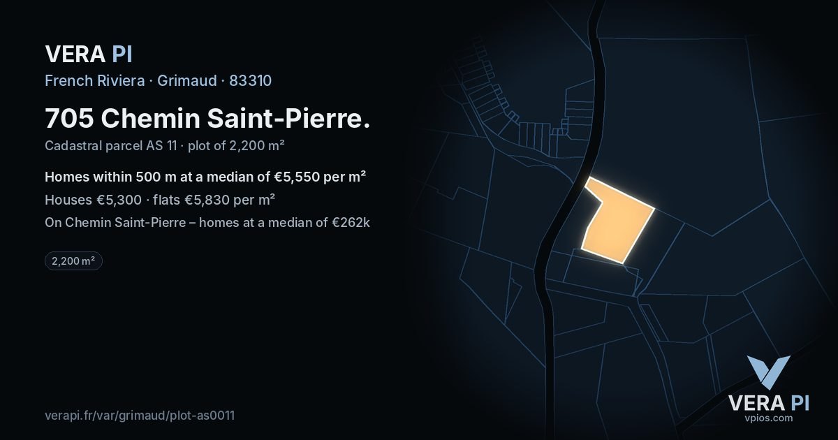 705 Chemin Saint-Pierre, Grimaud at night – the plot lit, the parcels around coloured by the prices near them