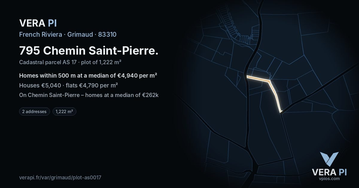 795 Chemin Saint-Pierre, Grimaud at night – the plot lit, the parcels around coloured by the prices near them