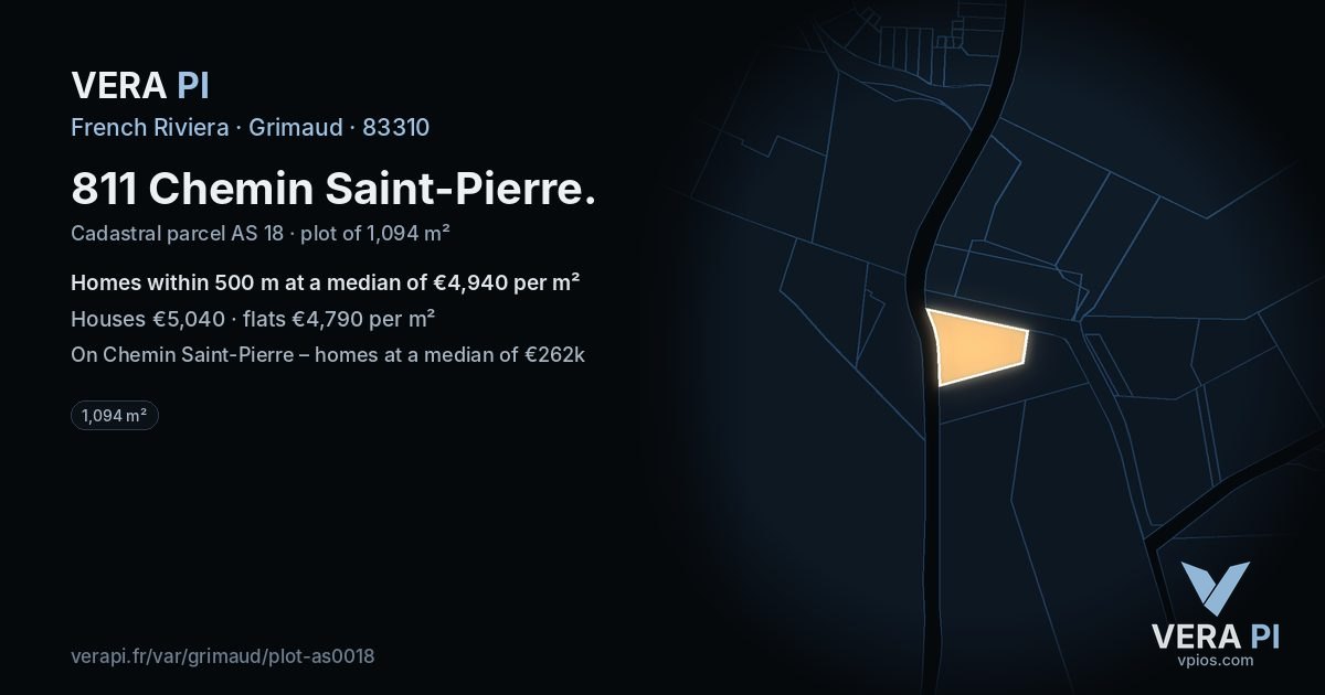 811 Chemin Saint-Pierre, Grimaud at night – the plot lit, the parcels around coloured by the prices near them