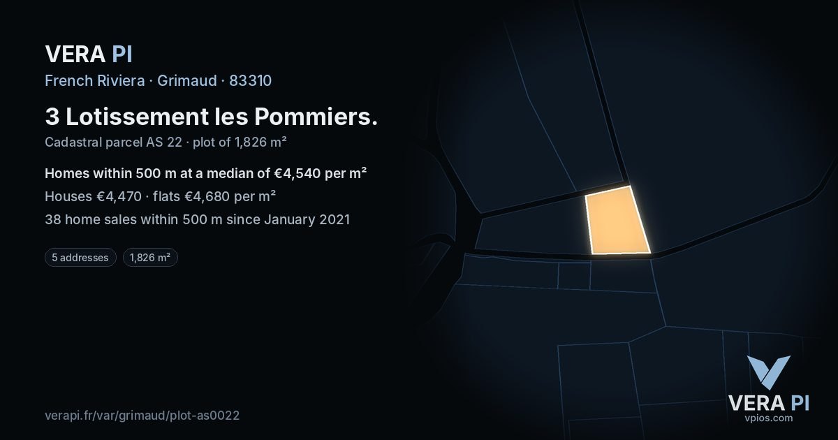 3 Lotissement les Pommiers, Grimaud at night – the plot lit, the parcels around coloured by the prices near them