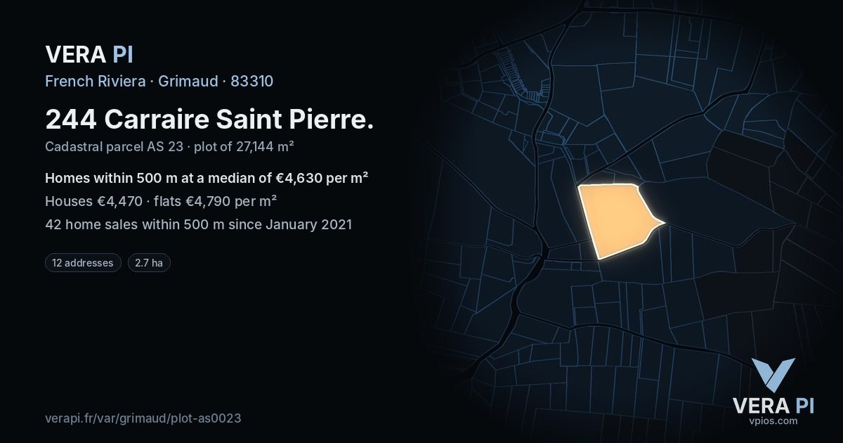 244 Carraire Saint Pierre, Grimaud at night – the plot lit, the parcels around coloured by the prices near them