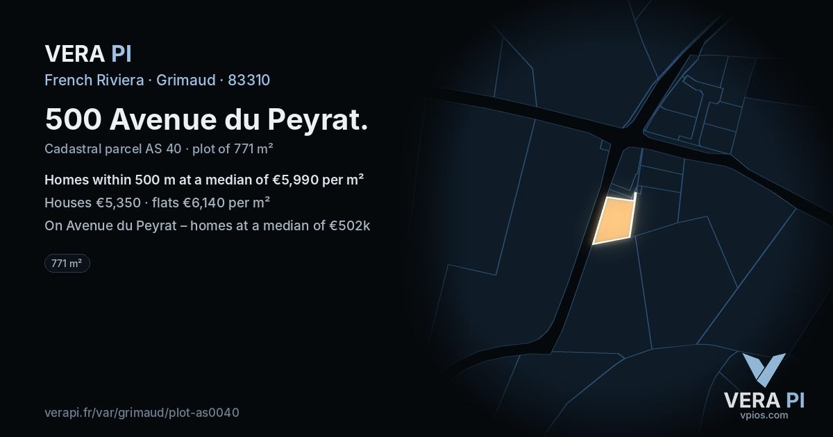 500 Avenue du Peyrat, Grimaud at night – the plot lit, the parcels around coloured by the prices near them