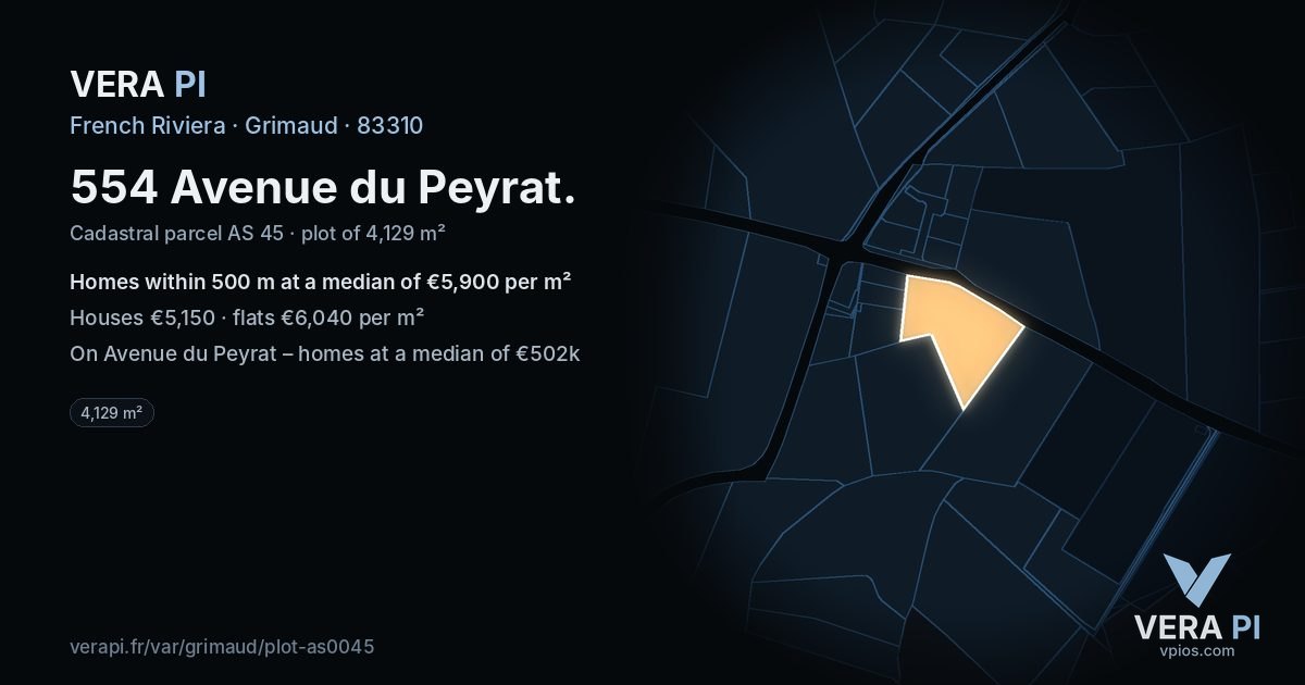554 Avenue du Peyrat, Grimaud at night – the plot lit, the parcels around coloured by the prices near them