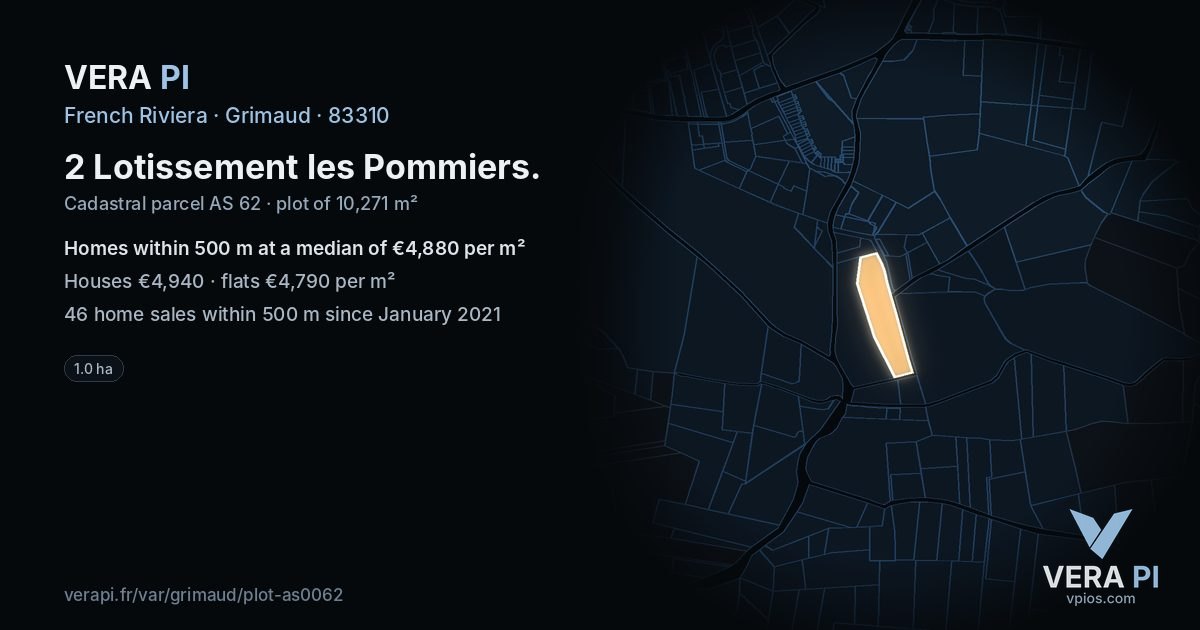 2 Lotissement les Pommiers, Grimaud at night – the plot lit, the parcels around coloured by the prices near them