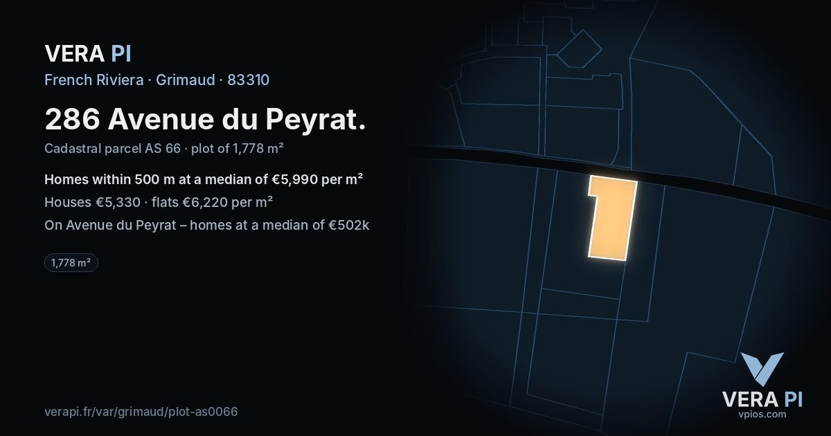 286 Avenue du Peyrat, Grimaud at night – the plot lit, the parcels around coloured by the prices near them