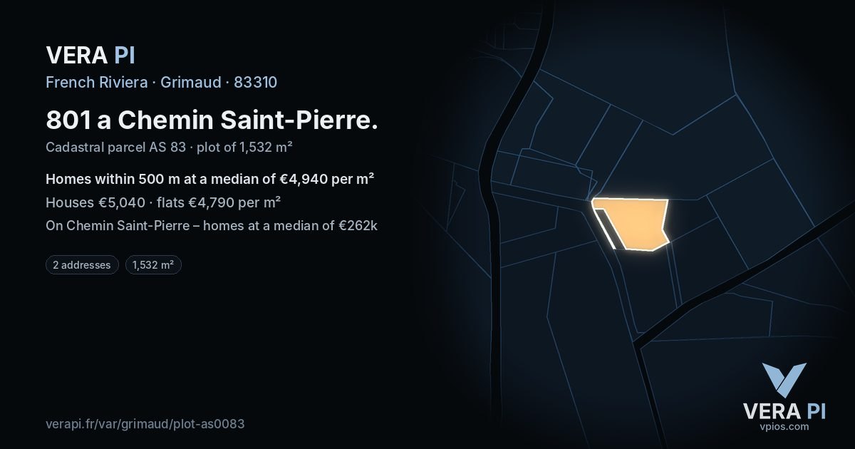 801 a Chemin Saint-Pierre, Grimaud at night – the plot lit, the parcels around coloured by the prices near them