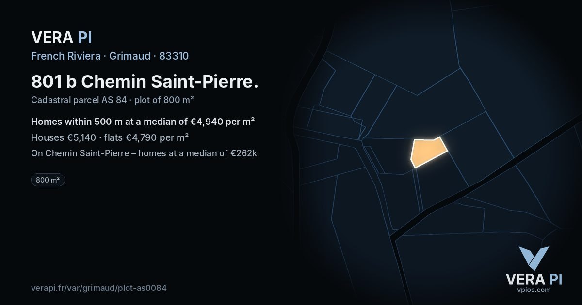 801 b Chemin Saint-Pierre, Grimaud at night – the plot lit, the parcels around coloured by the prices near them