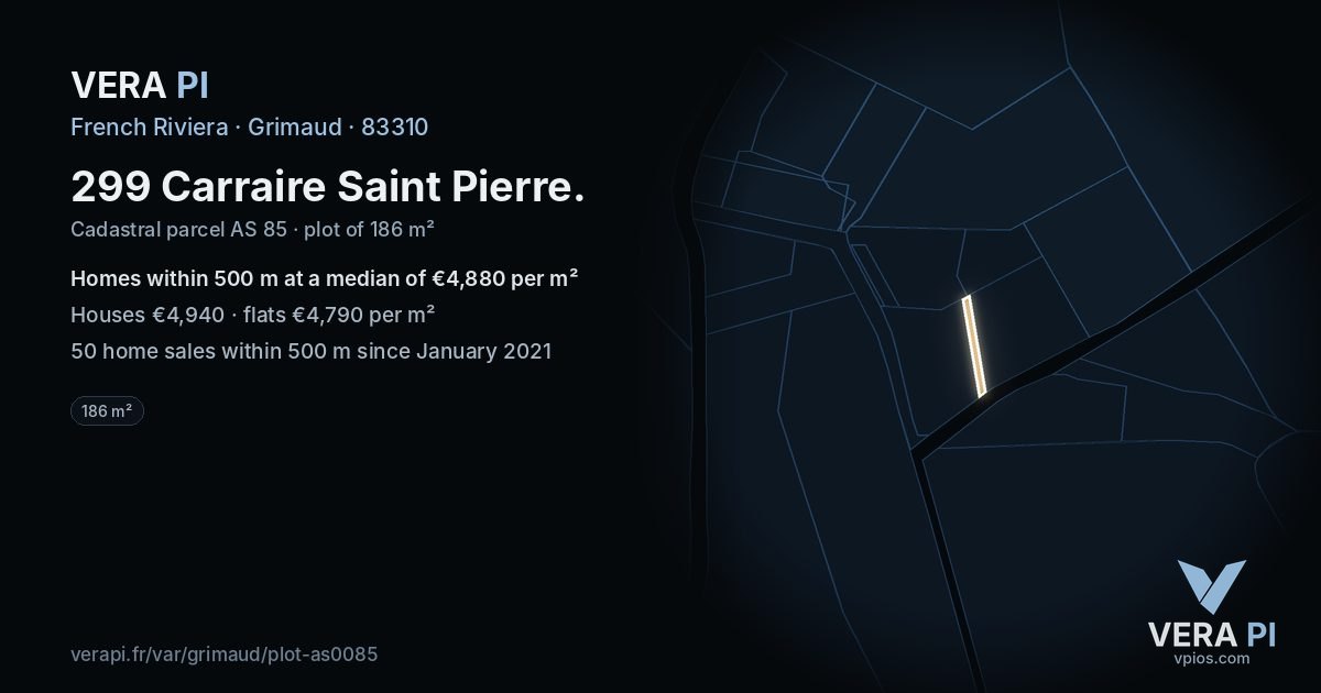 299 Carraire Saint Pierre, Grimaud at night – the plot lit, the parcels around coloured by the prices near them