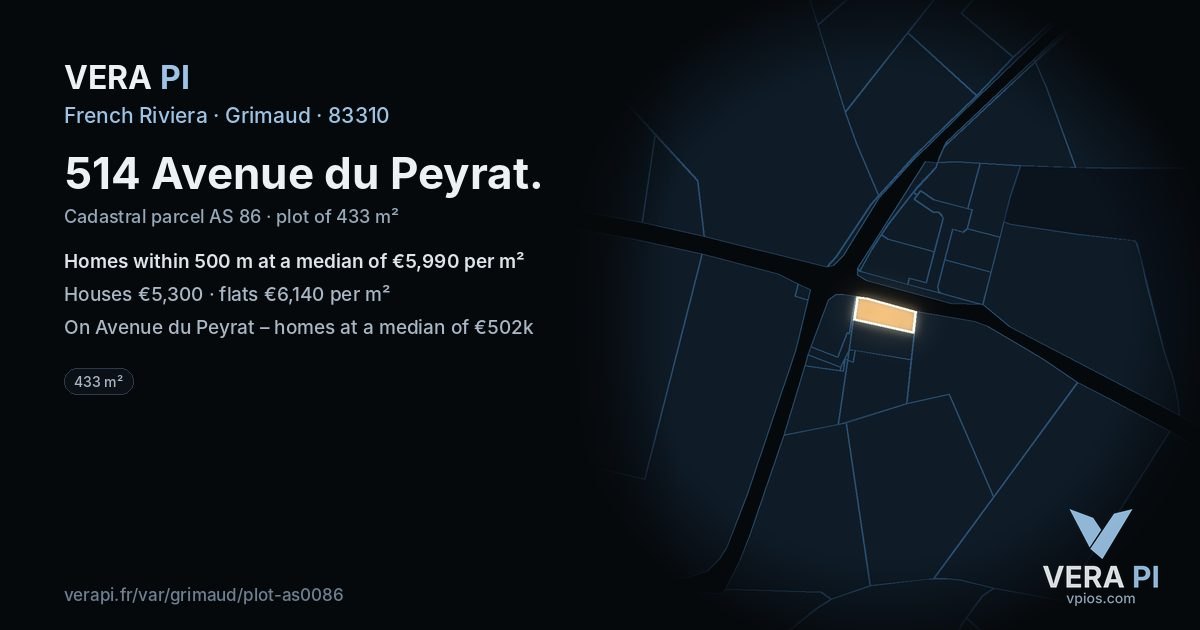 514 Avenue du Peyrat, Grimaud at night – the plot lit, the parcels around coloured by the prices near them