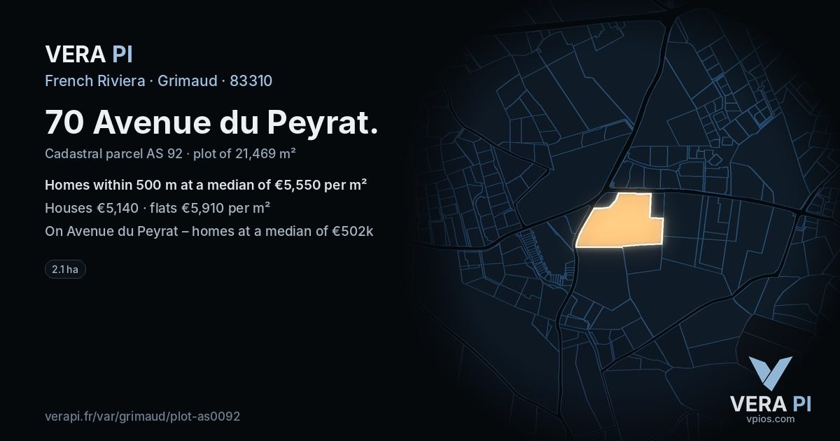 70 Avenue du Peyrat, Grimaud at night – the plot lit, the parcels around coloured by the prices near them