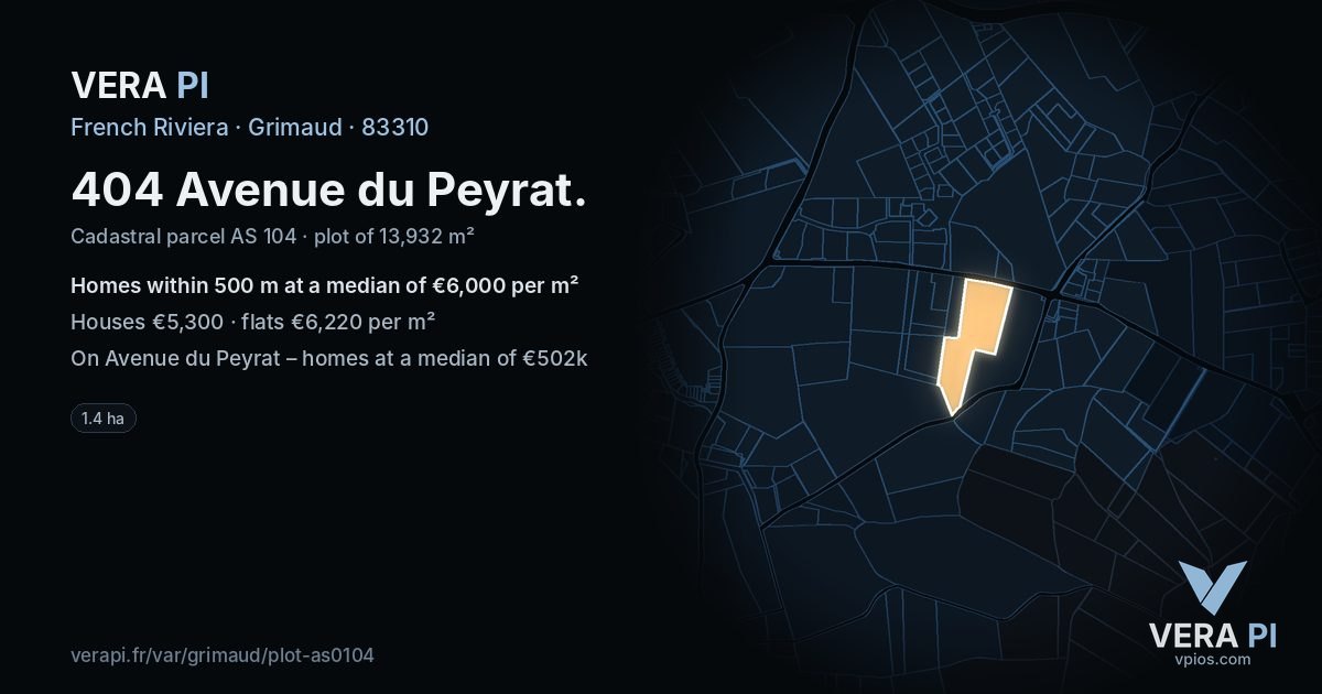 404 Avenue du Peyrat, Grimaud at night – the plot lit, the parcels around coloured by the prices near them