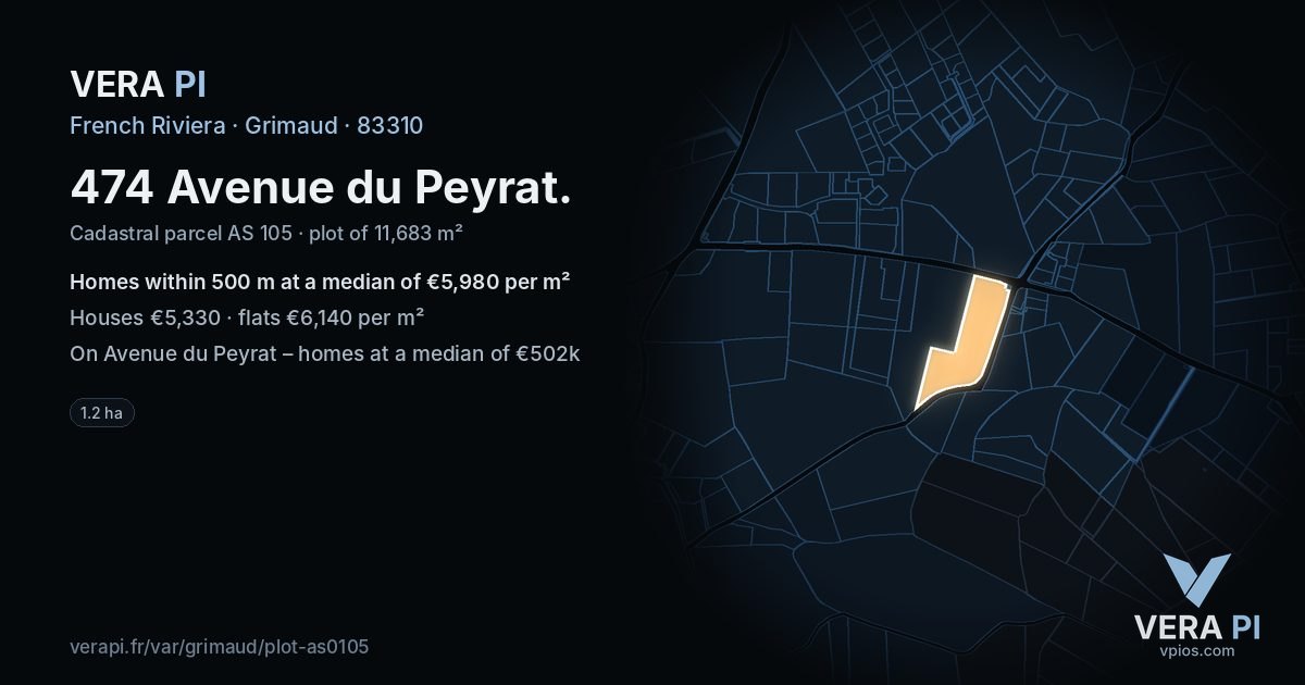 474 Avenue du Peyrat, Grimaud at night – the plot lit, the parcels around coloured by the prices near them
