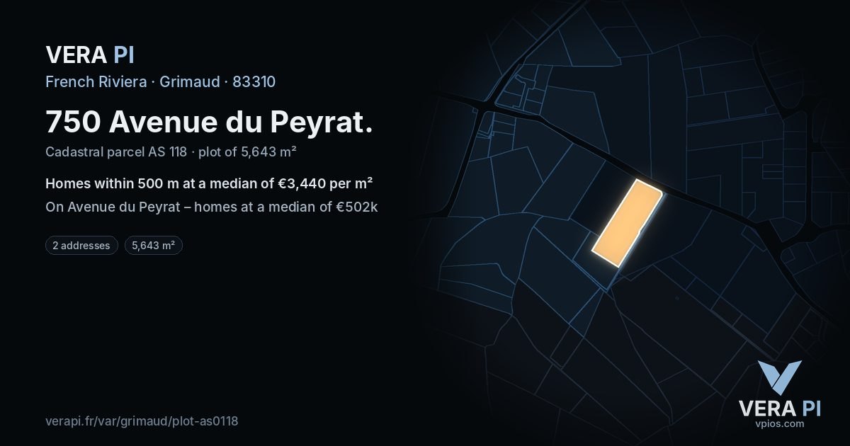 750 Avenue du Peyrat, Grimaud at night – the plot lit, the parcels around coloured by the prices near them