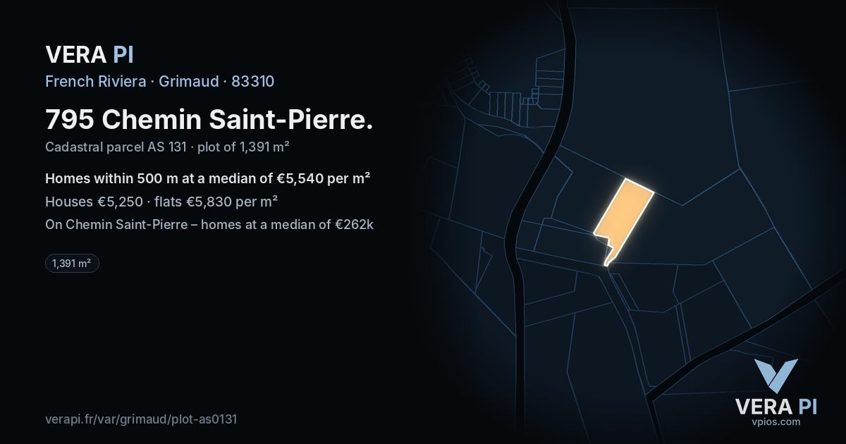 795 Chemin Saint-Pierre, Grimaud at night – the plot lit, the parcels around coloured by the prices near them