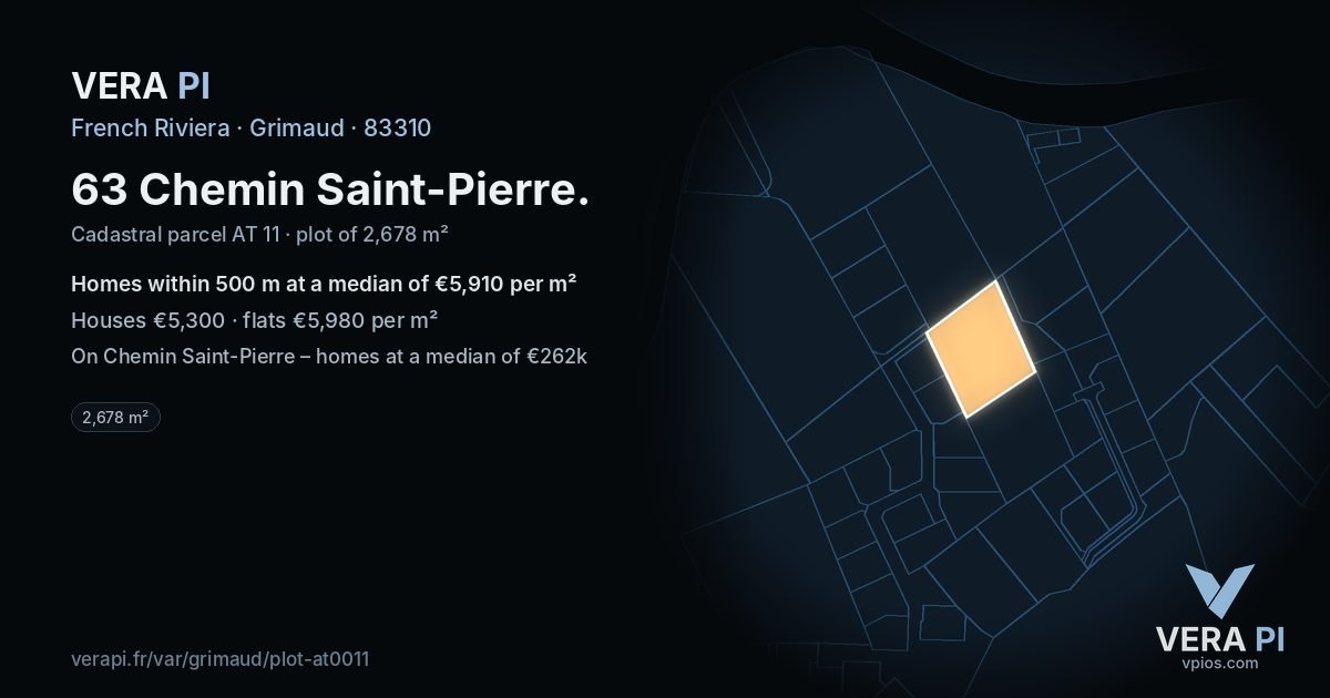 63 Chemin Saint-Pierre, Grimaud at night – the plot lit, the parcels around coloured by the prices near them