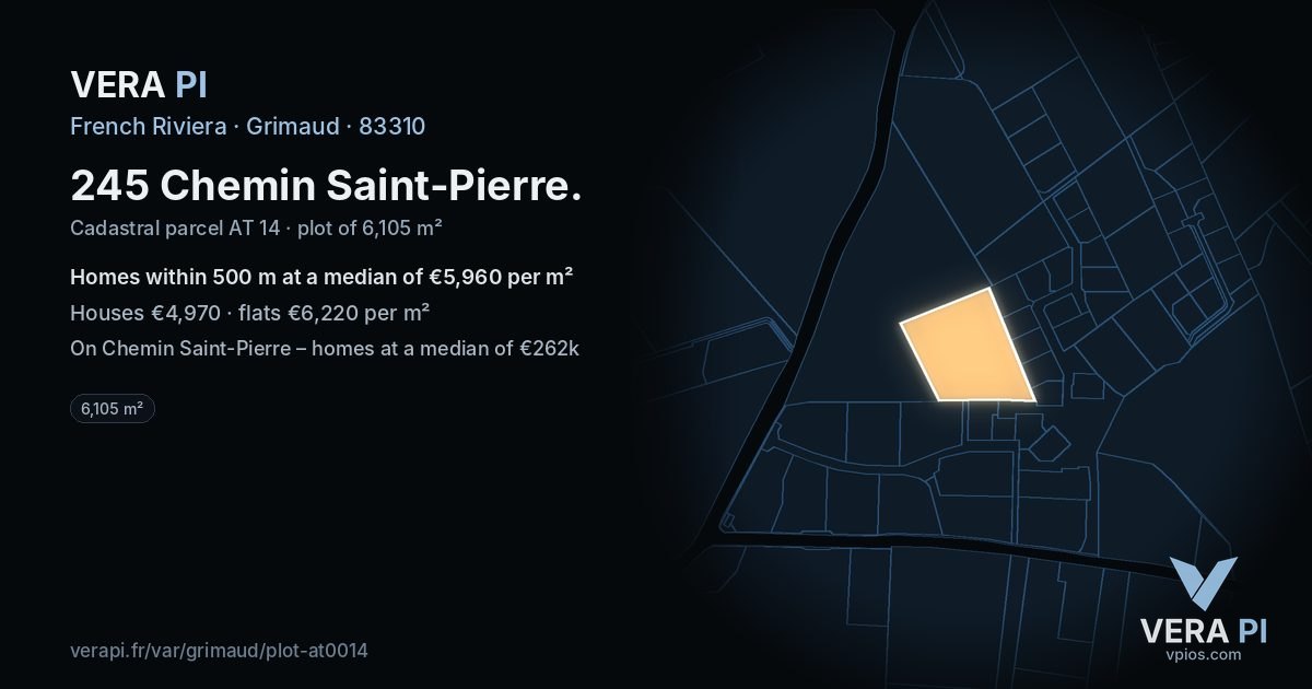 245 Chemin Saint-Pierre, Grimaud at night – the plot lit, the parcels around coloured by the prices near them