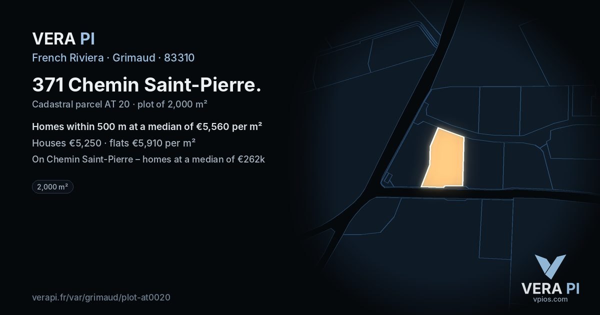 371 Chemin Saint-Pierre, Grimaud at night – the plot lit, the parcels around coloured by the prices near them