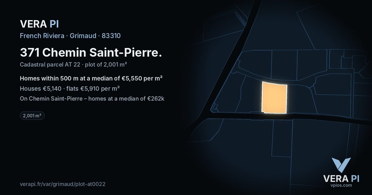 371 Chemin Saint-Pierre, Grimaud at night – the plot lit, the parcels around coloured by the prices near them