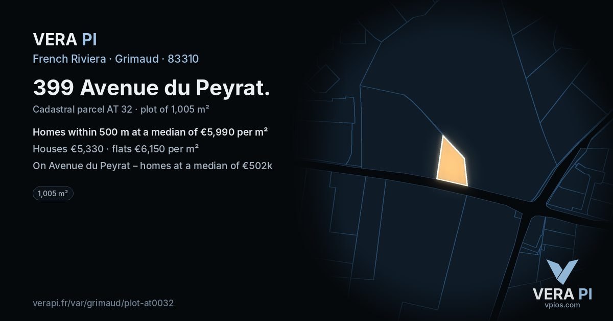 399 Avenue du Peyrat, Grimaud at night – the plot lit, the parcels around coloured by the prices near them