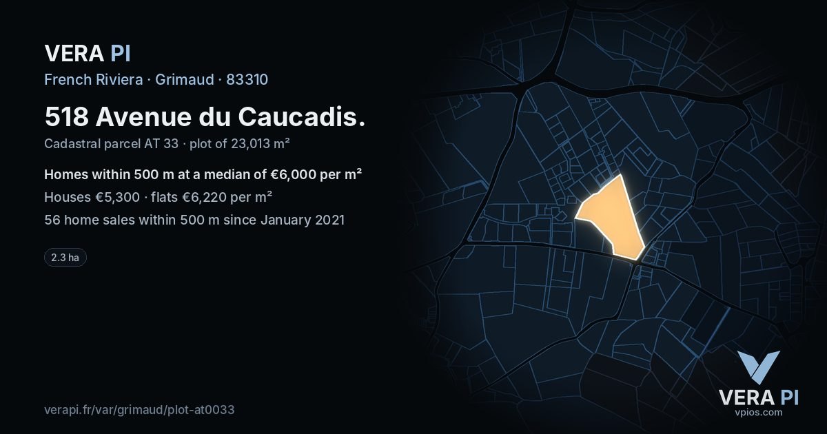 518 Avenue du Caucadis, Grimaud at night – the plot lit, the parcels around coloured by the prices near them