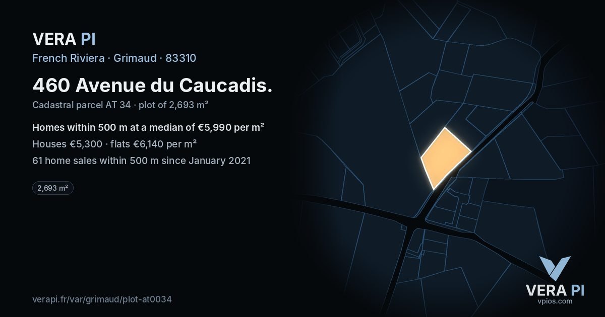 460 Avenue du Caucadis, Grimaud at night – the plot lit, the parcels around coloured by the prices near them