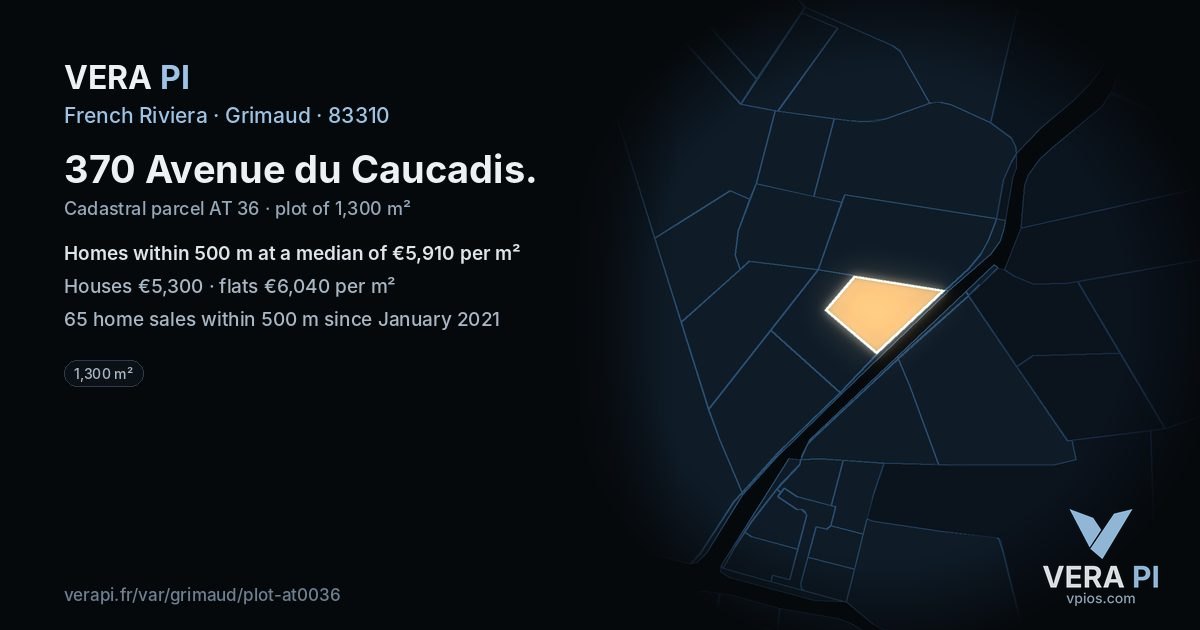 370 Avenue du Caucadis, Grimaud at night – the plot lit, the parcels around coloured by the prices near them