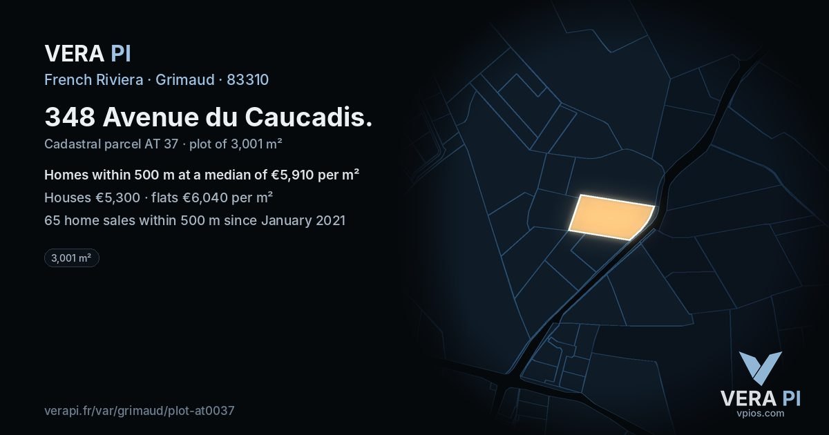 348 Avenue du Caucadis, Grimaud at night – the plot lit, the parcels around coloured by the prices near them