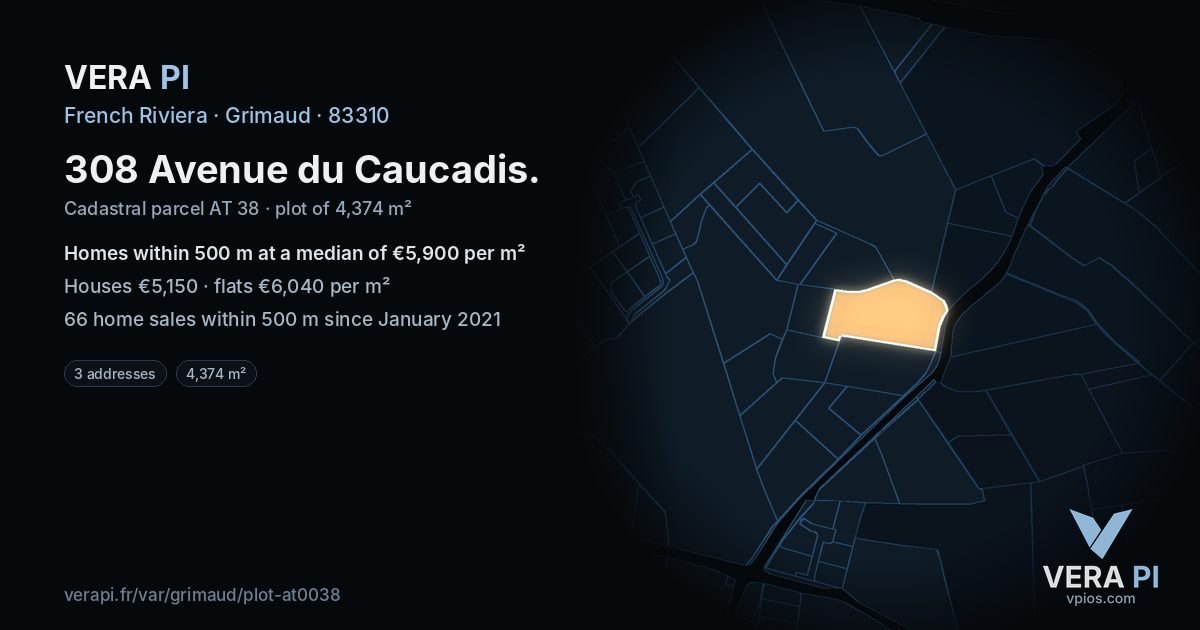 308 Avenue du Caucadis, Grimaud at night – the plot lit, the parcels around coloured by the prices near them