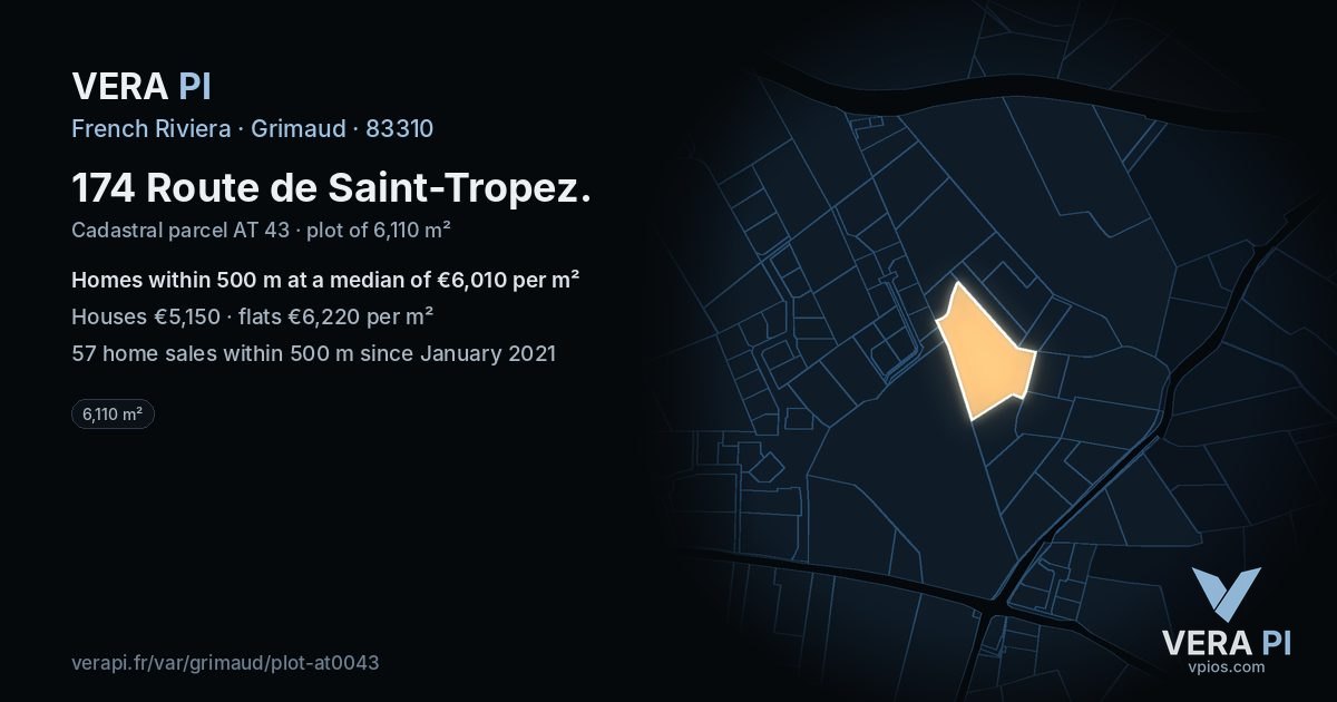 174 Route de Saint-Tropez, Grimaud at night – the plot lit, the parcels around coloured by the prices near them