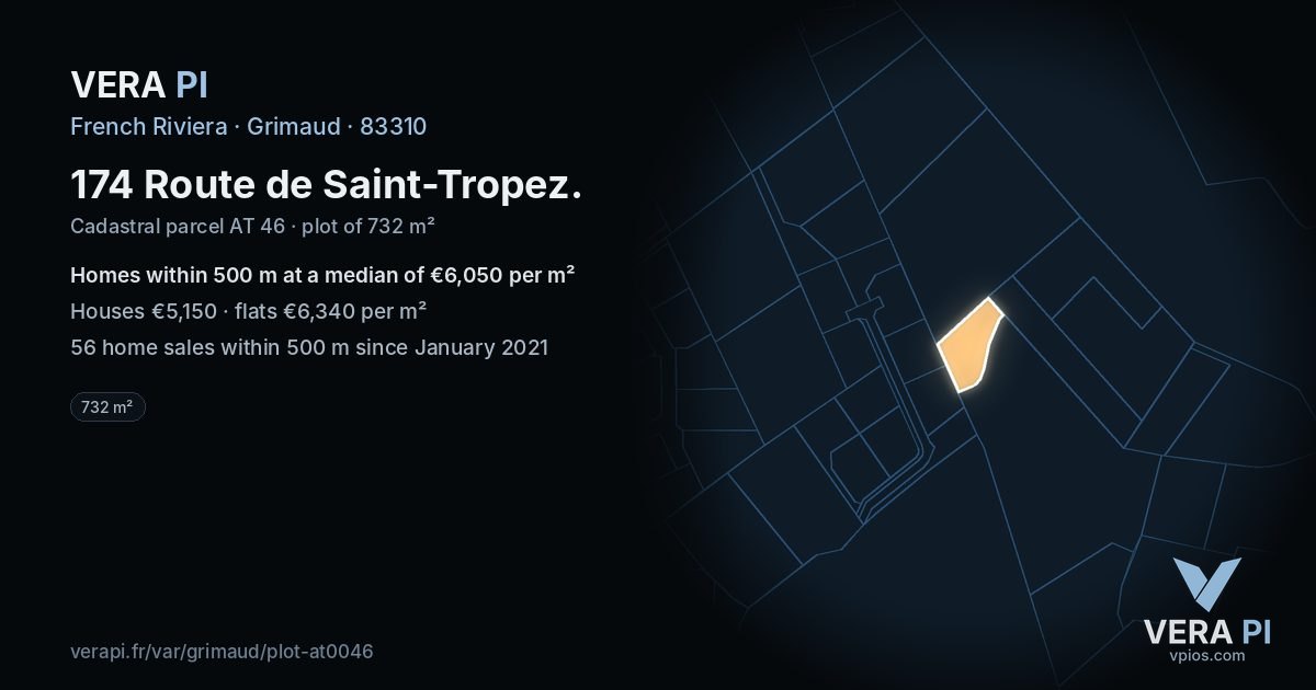 174 Route de Saint-Tropez, Grimaud at night – the plot lit, the parcels around coloured by the prices near them