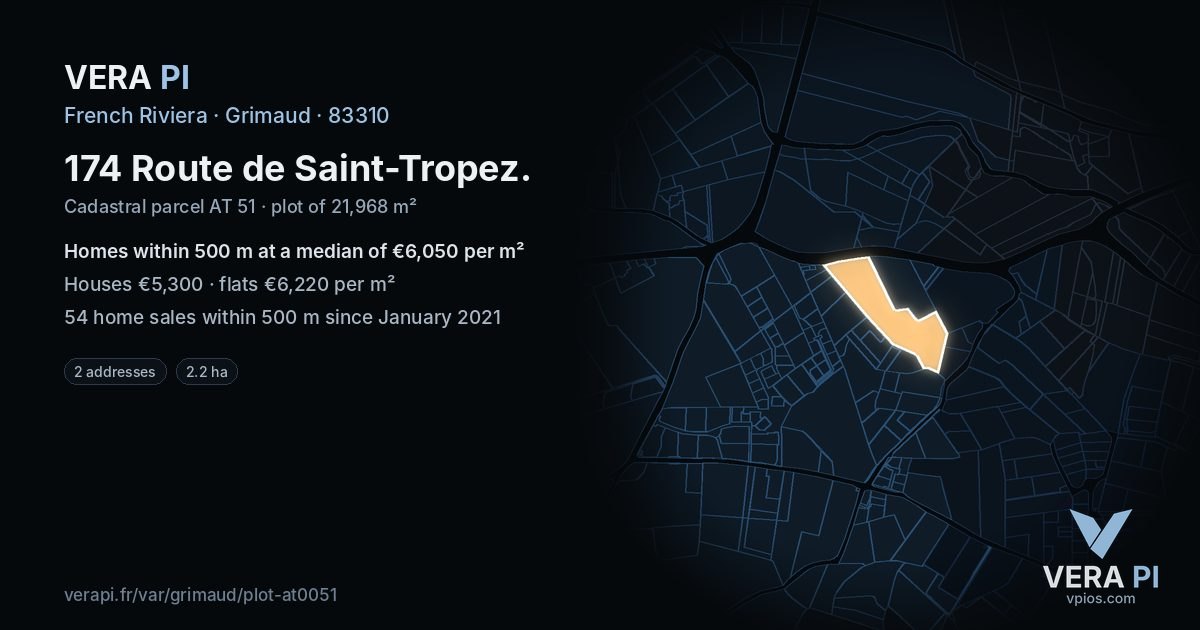 174 Route de Saint-Tropez, Grimaud at night – the plot lit, the parcels around coloured by the prices near them
