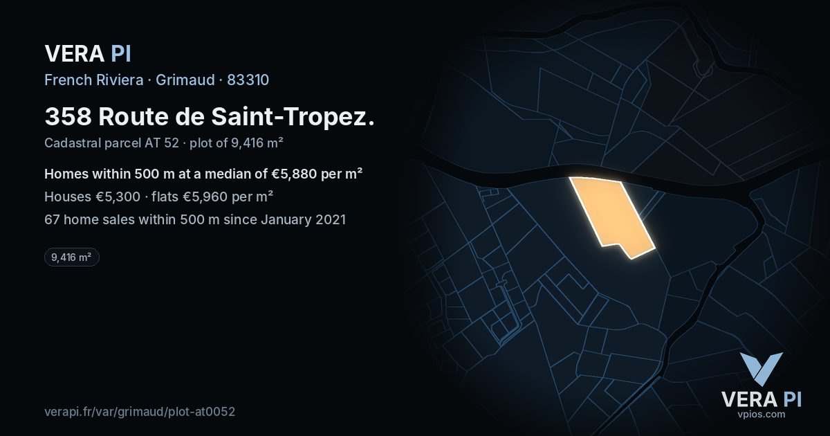 358 Route de Saint-Tropez, Grimaud at night – the plot lit, the parcels around coloured by the prices near them