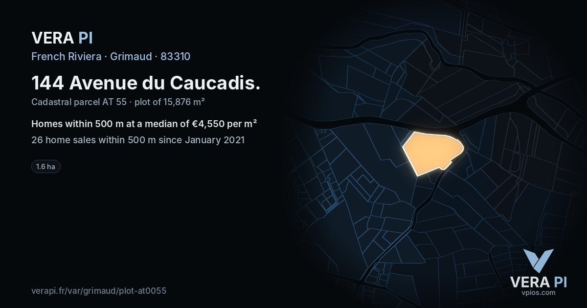 144 Avenue du Caucadis, Grimaud at night – the plot lit, the parcels around coloured by the prices near them