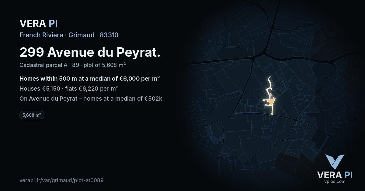 299 Avenue du Peyrat, Grimaud at night – the plot lit, the parcels around coloured by the prices near them