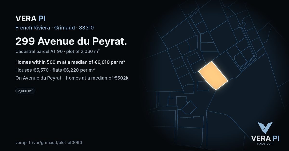 299 Avenue du Peyrat, Grimaud at night – the plot lit, the parcels around coloured by the prices near them