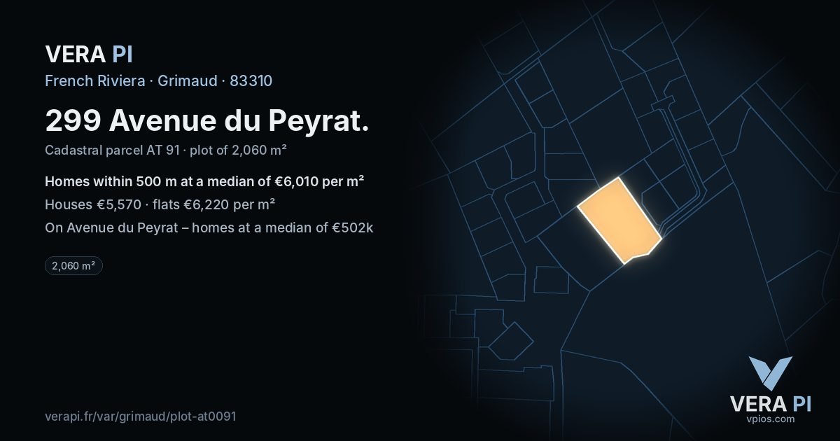 299 Avenue du Peyrat, Grimaud at night – the plot lit, the parcels around coloured by the prices near them