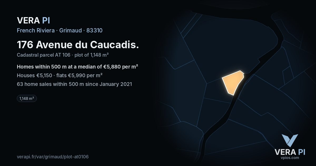 176 Avenue du Caucadis, Grimaud at night – the plot lit, the parcels around coloured by the prices near them