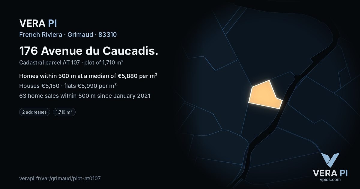 176 Avenue du Caucadis, Grimaud at night – the plot lit, the parcels around coloured by the prices near them