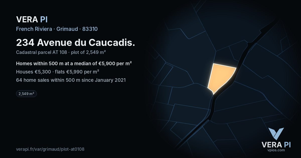 234 Avenue du Caucadis, Grimaud at night – the plot lit, the parcels around coloured by the prices near them